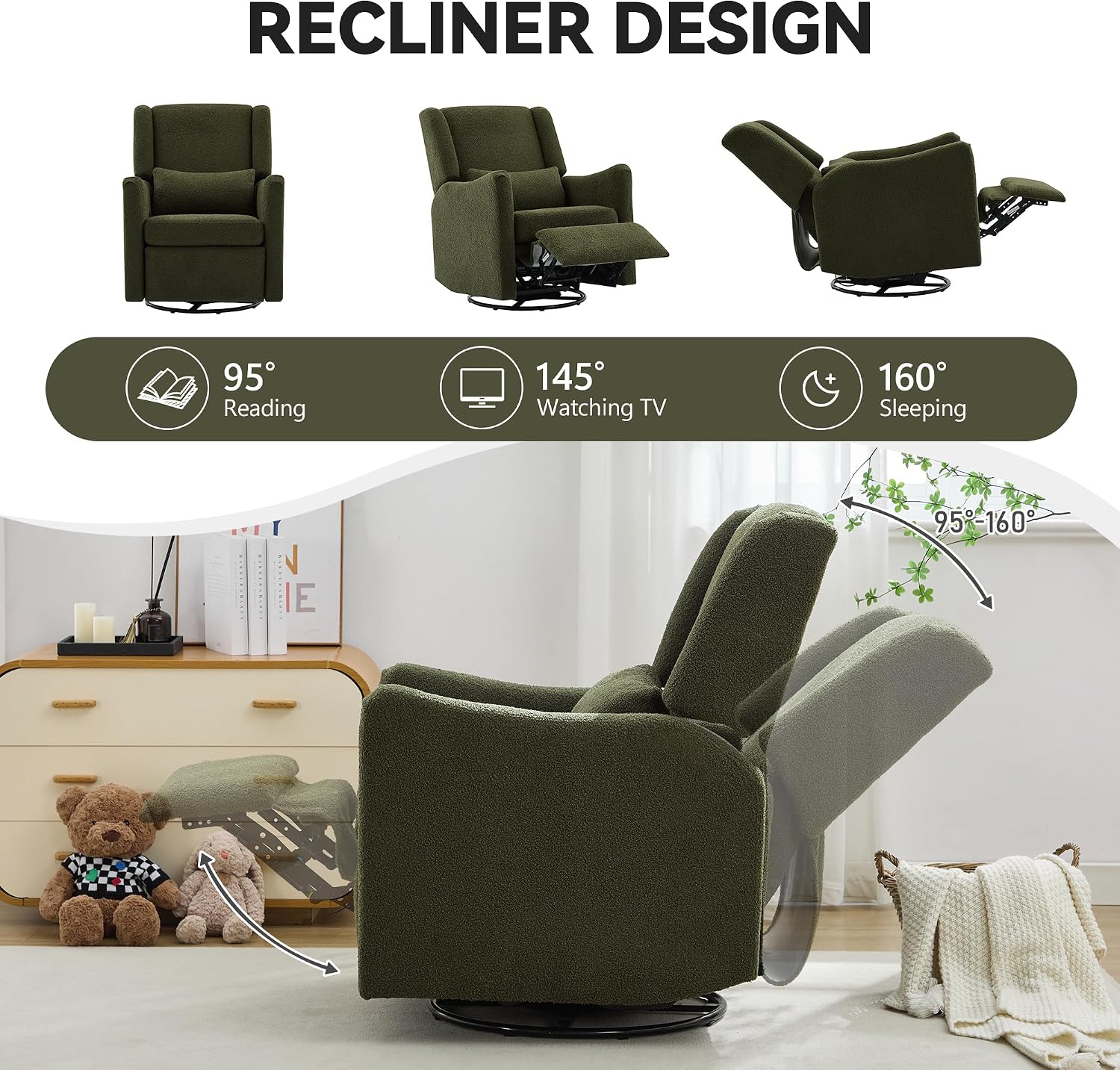 JIVOIT Modern Swivel Rocker Recliner Chair, 29.5'' Wide Wingback Swivel Rocker Recliner Chair, Linen Fabric Rocking Chair Nursery Chair for Living Room, Apartment (Seaweed Green/79)