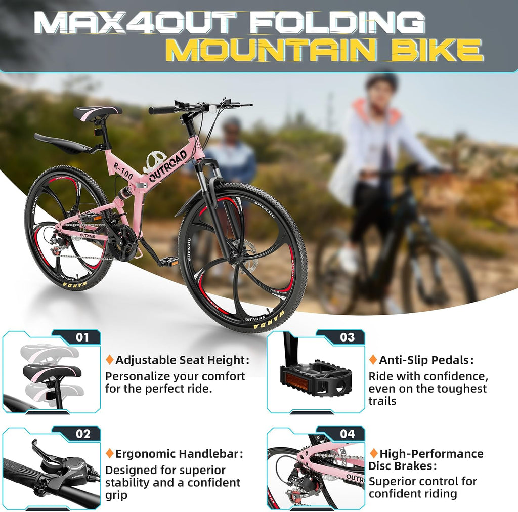 26 Inch Folding Mountain Bike with High Carbon Steel, 21 Speed City Bike with Dual Suspension, Folding Bicycle for Adults Men and Women