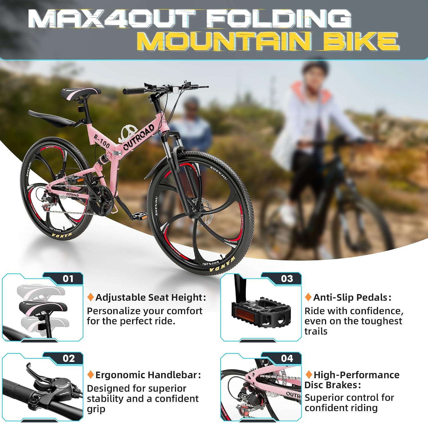 26 Inch Folding Mountain Bike with High Carbon Steel, 21 Speed City Bike with Dual Suspension, Folding Bicycle for Adults Men and Women