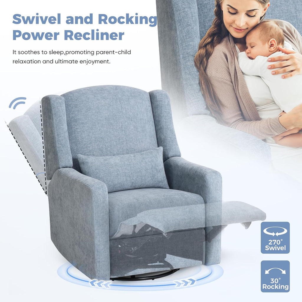 Power Recliner Chair Swivel Glider, Large Nursery Glider with Ottoman & USB Charging Port, Chenille Upholstered Rocker Glider Recliner for Nursery,Living Room, Blue