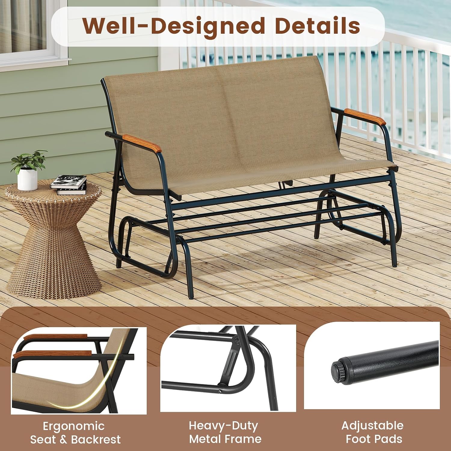 Giantex Patio Glider Bench, 2-Person Swing Gliding Loveseat with Curved Teak Armrests, Fabric Seat, Metal Frame, Load 660lbs, Outdoor Rocking Chair for Porch, Yard, Poolside (29'x45'x33')