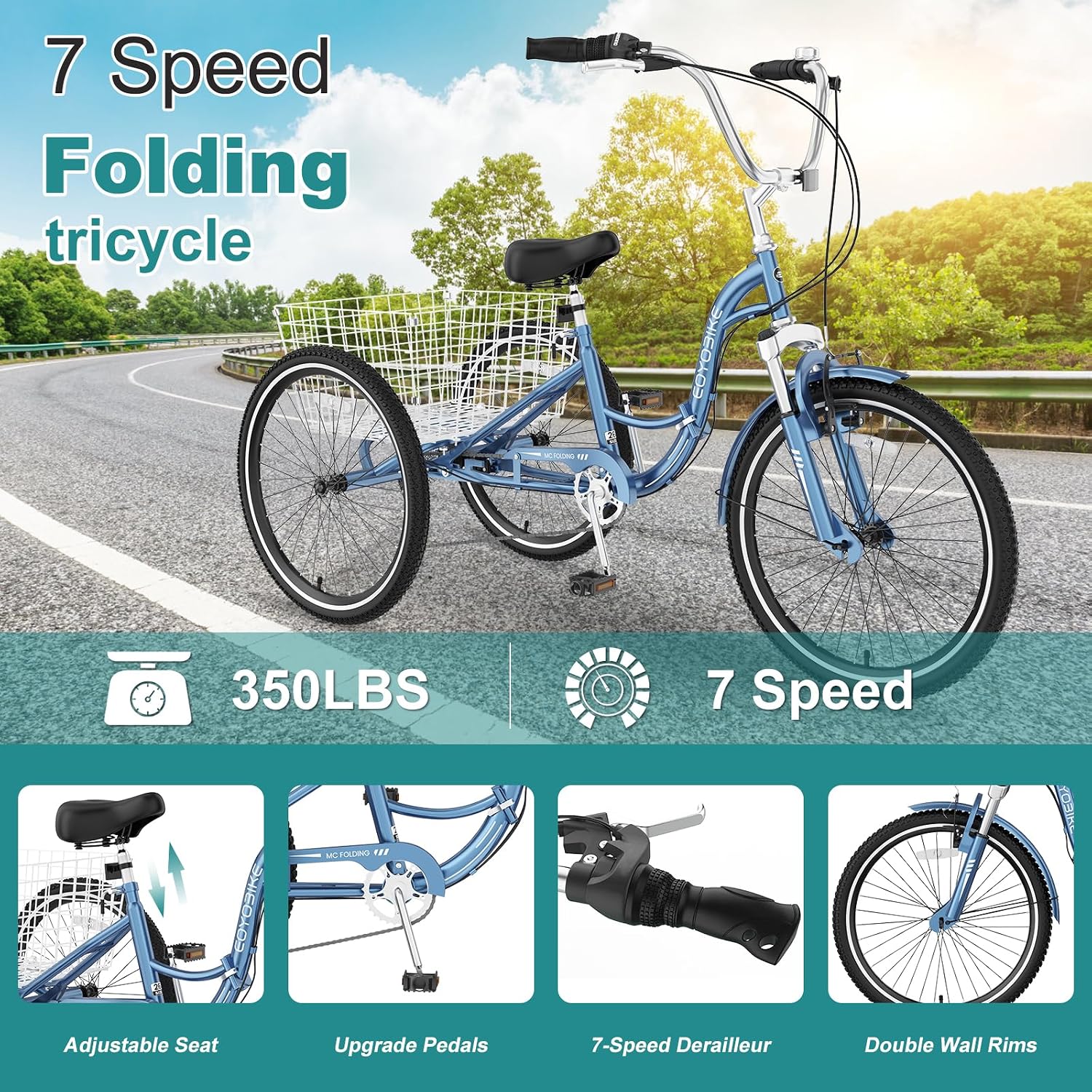 MOPHOTO Adult Folding Tricycle, 7-Speed 3 Wheel Bike for Adults, Seniors, Women & Men, 20/24/26 Inch Low Step-Through Trike with Large Rear Cargo Basket, Adjustable Seat, Space-Saving Cruiser Bicycle