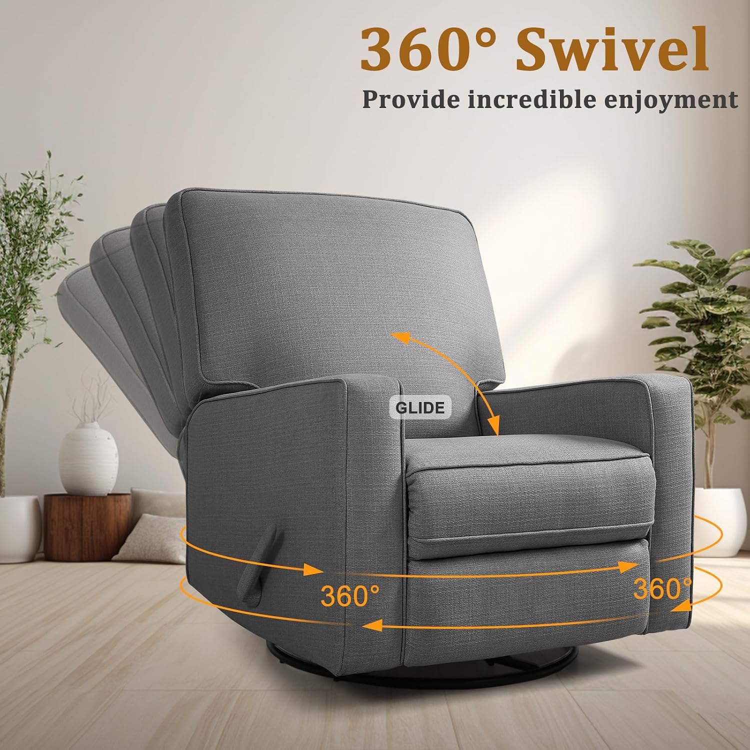 Swivel Rocker Recliner Chair for Adults, High Back Fabric Recliner with Deep Seat, Manual Glider for Living Room & Nursery, Charcoal