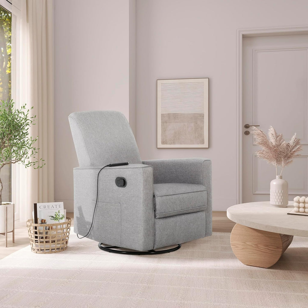 Evolur Raleigh Glider with Massager in Charcoal, Upholstered Plush Seating 360° Swivel Glider Rocking Chair, FSC Certified, Greenguard Gold & JPMA Certified Nursery Glider Recliner