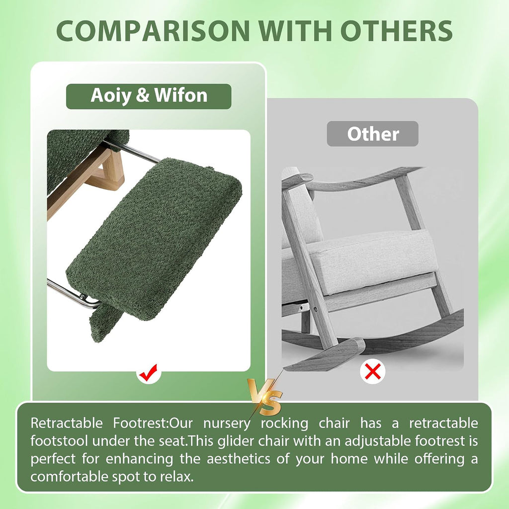 Aoiy & Wifon Rocking Chair Nursery, Modern Nursery Rocking Chairs with Side Pocket & Footrest, Upholstered Rocking Chair Nursery Glider, Boucle, Green