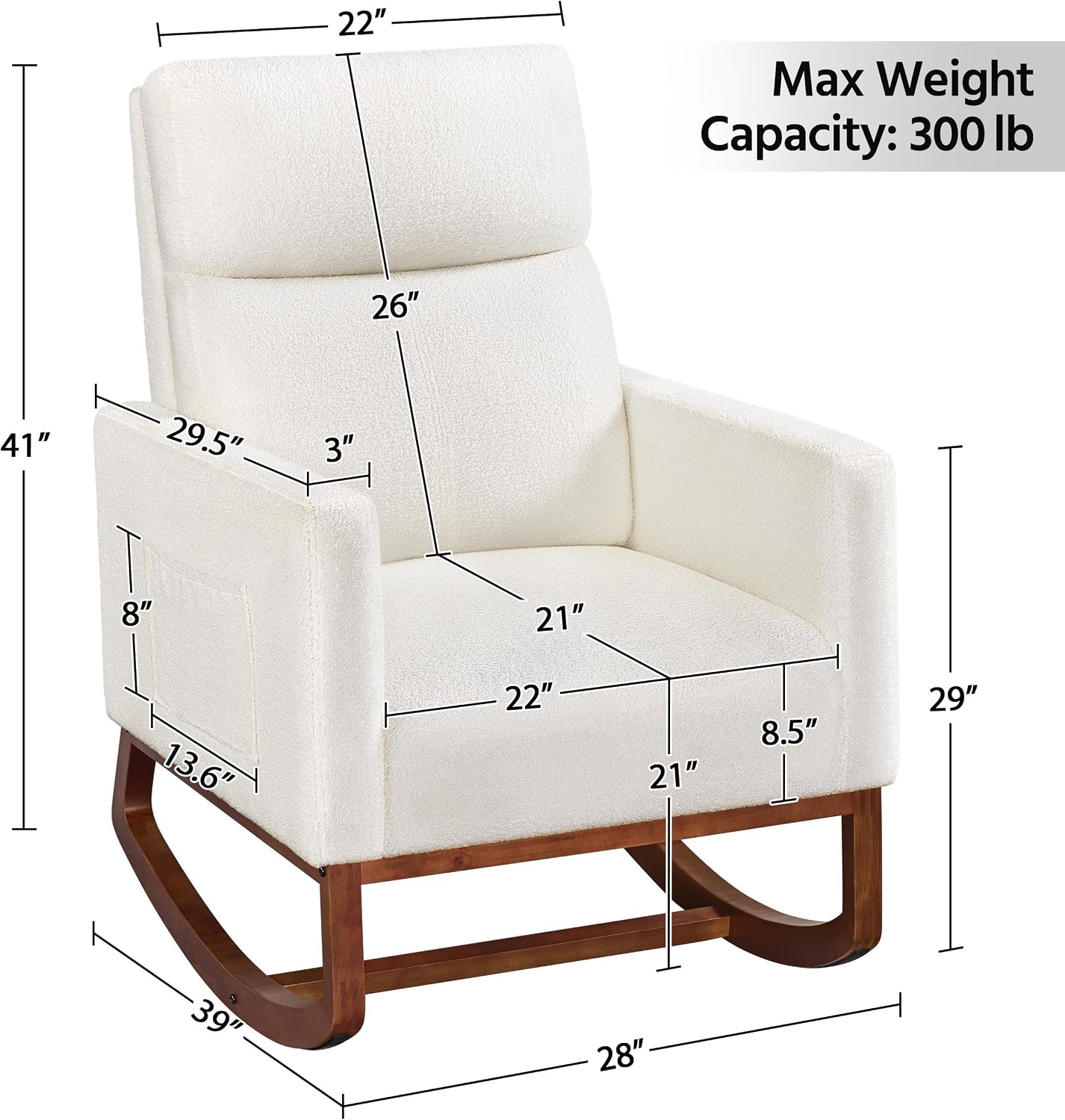Yaheetech Upholstered Rocking Chair, Boucle Nursery Glider Chair with Side Pocket, Modern Rocking Accent Armchair with High Back and Rubber Wood Legs for Living Room Bedroom Nursery, 2 Pcs, Ivory