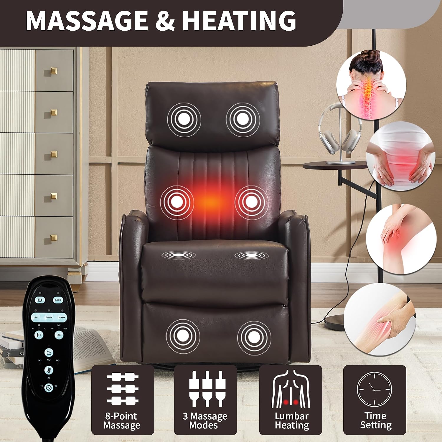 Manual Swivel Rocker Recliner Chair for Adults, Overstuffed Reclining Glider Chair for Nursing with Vibration Massage & Heat, Living Room Rocking Recliner 2-Stage backrest, Faux Leather Dark Brown