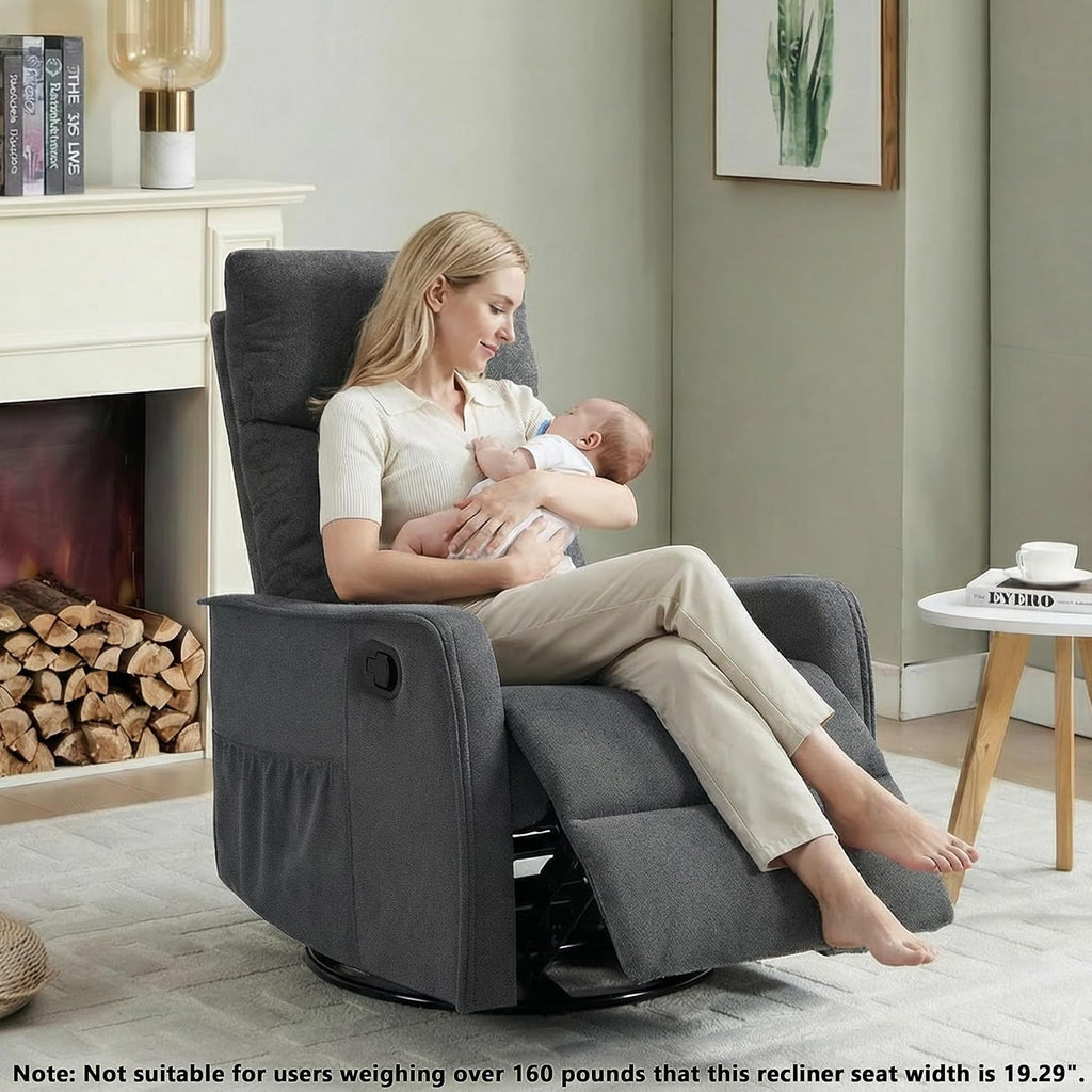 Manual 360° Swivel Rocker Recliner Chair for Adults, Overstuffed Glider Chair for Nursery with Vibration Massage and Heat, Comfy Soft Fabric Glider with Side Pockets for Living Room, Dark Gray