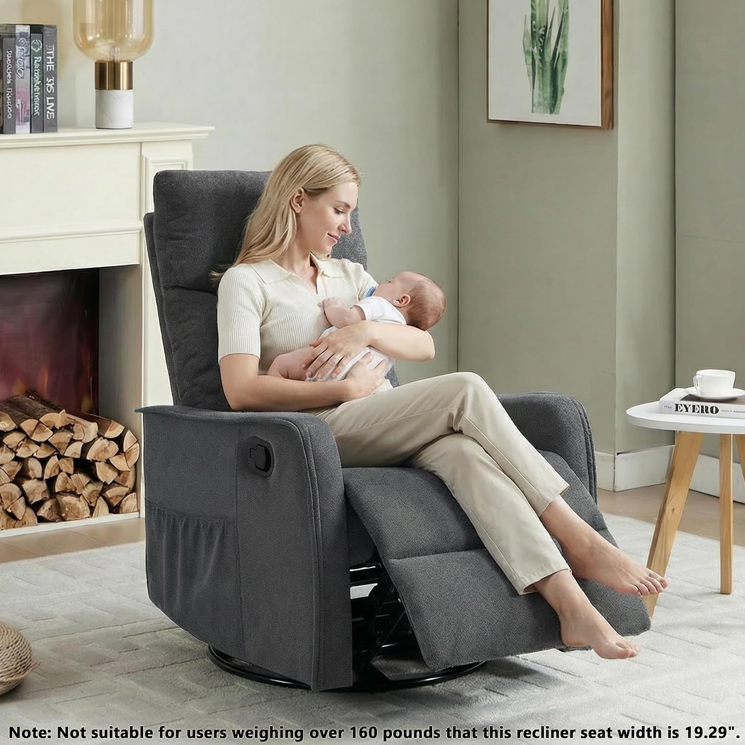 Manual 360° Swivel Rocker Recliner Chair for Adults, Overstuffed Glider Chair for Nursery with Vibration Massage and Heat, Comfy Soft Fabric Glider with Side Pockets for Living Room, Dark Gray