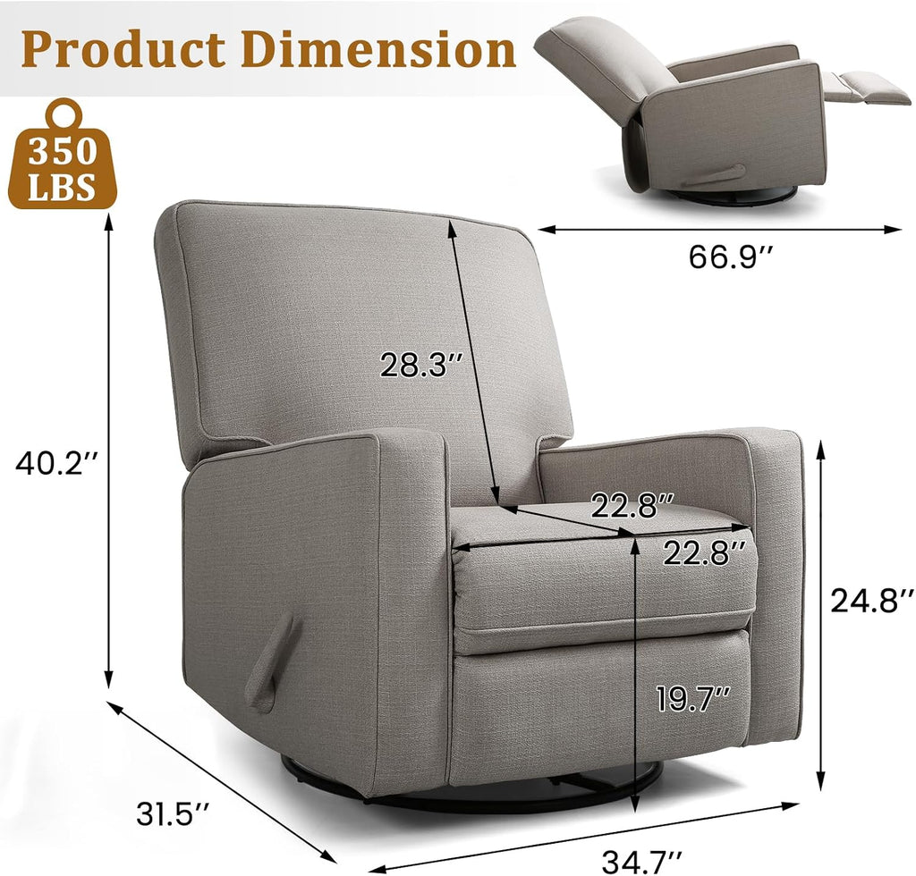 Swivel Rocker Recliner Chair for Adults, High Back Fabric Recliner with Deep Seat, Manual Glider for Living Room & Nursery, Grey