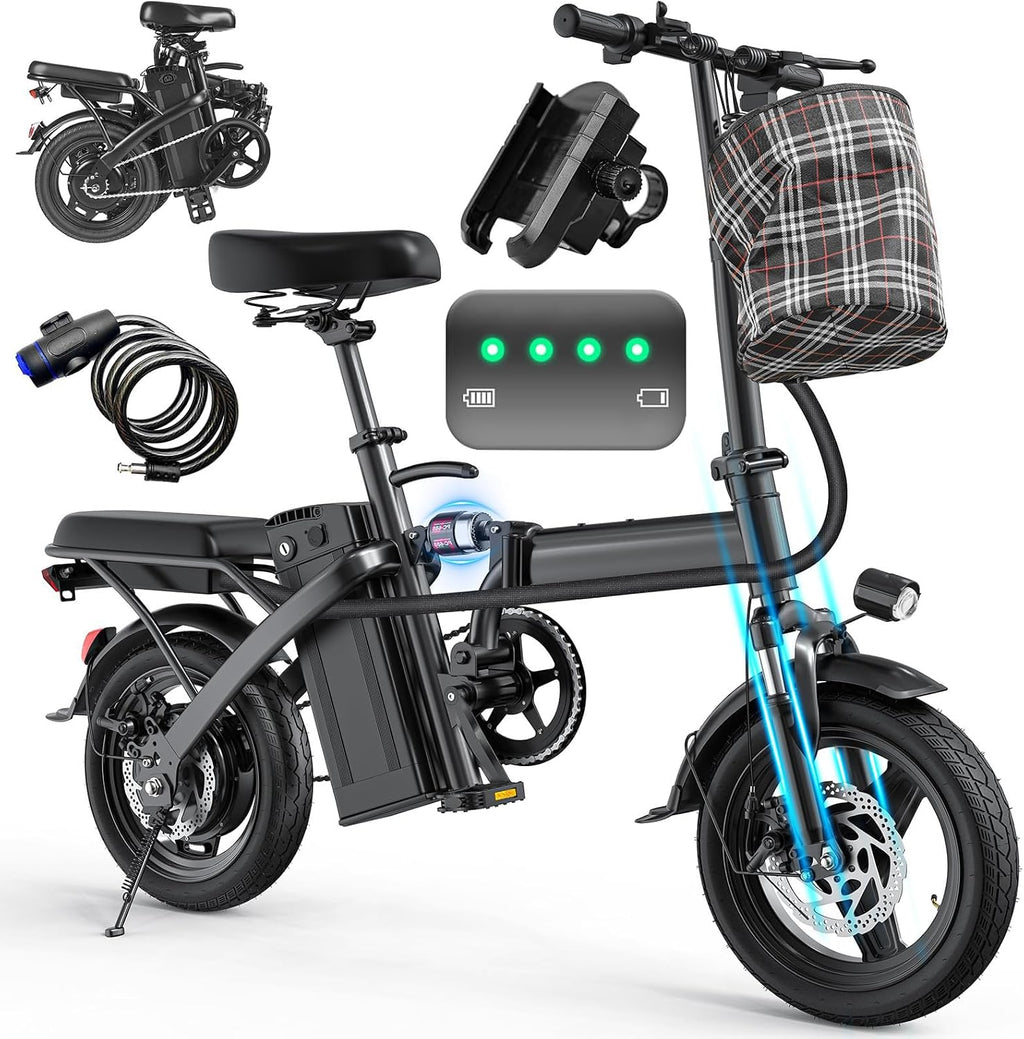 Electric Bike for Adults and Teens, 560W Motor 24MPH Compact Commuter Ebike, 48V 10Ah Battery, 32 Miles Range, 3 Shock Absorbers, 14' Mini Foldable Electric Bicycles with Basket, UL 2849 Certified