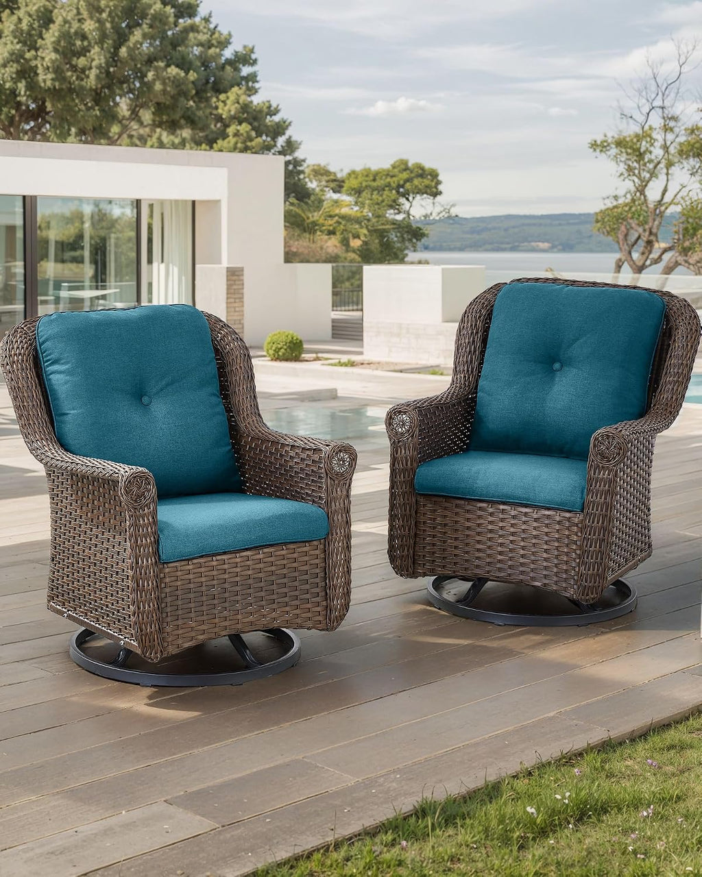 Patio Chairs Outdoor Swivel Glider - Set of 2 High Back Outside Brown Wicker Rattan Rocking Chair with Zippered Cushion for Porch Apartment Deck Yard Poolside Garden - Peacock Blue
