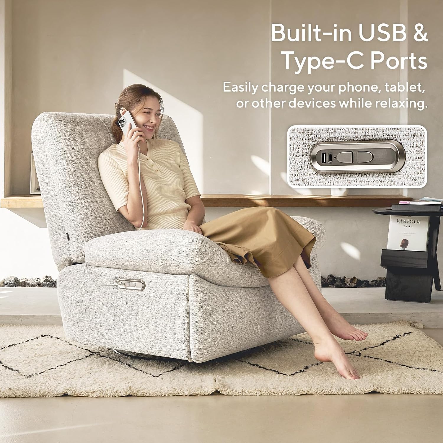Nouhaus Swivel Rocking Chair Nursery, Oversized Glider Rocker Recliner Chairs w/Footrest, USB & Type-C Ports, Rocking Recliner Chair for Nursery, Living Room (Snooze Classic, Linen White)