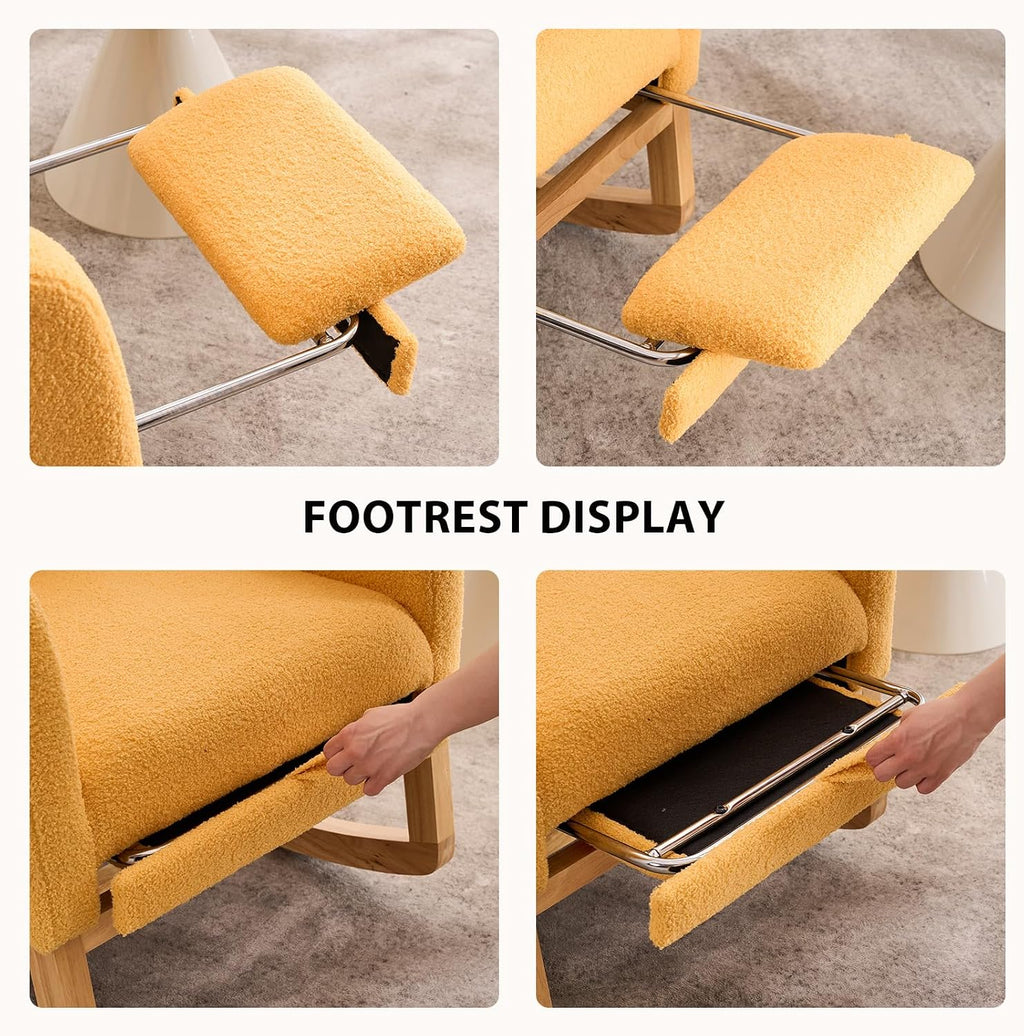 Nursery Rocking Chair with Retractable Footrest,Accent Rocker for Relaxing, Side Pocket,A+ Grade Rubber Wood,Suitable for Living Room,Bedroom and Balcony (Teddy Fleece, Yellow)