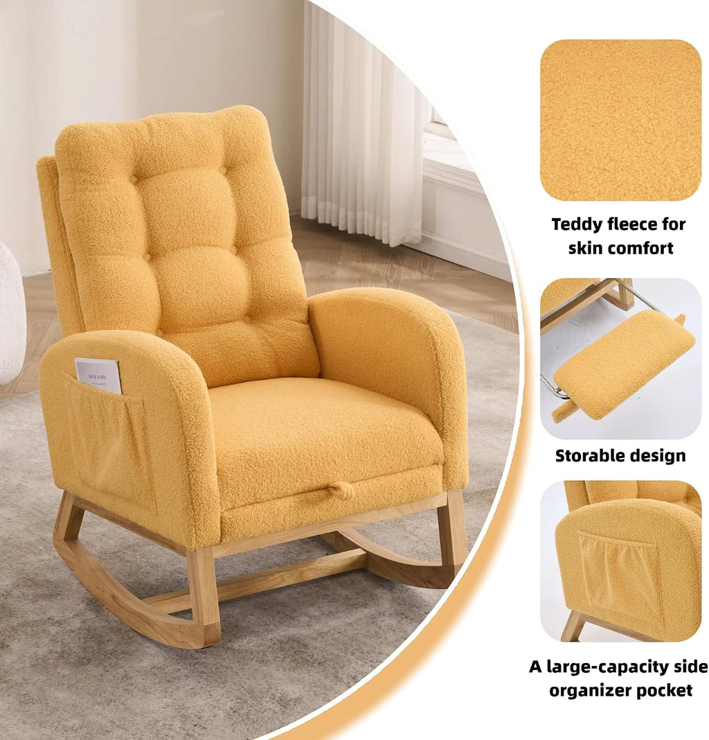 Nursery Rocking Chair Upholstered Accent Rocker Chair with Adjustable Footrest, Comfy Soft Rocker Glider Solid Rubber Wood Leg for Bedroom Living Room Nursing Room, Side Pocket, Yellow Classic