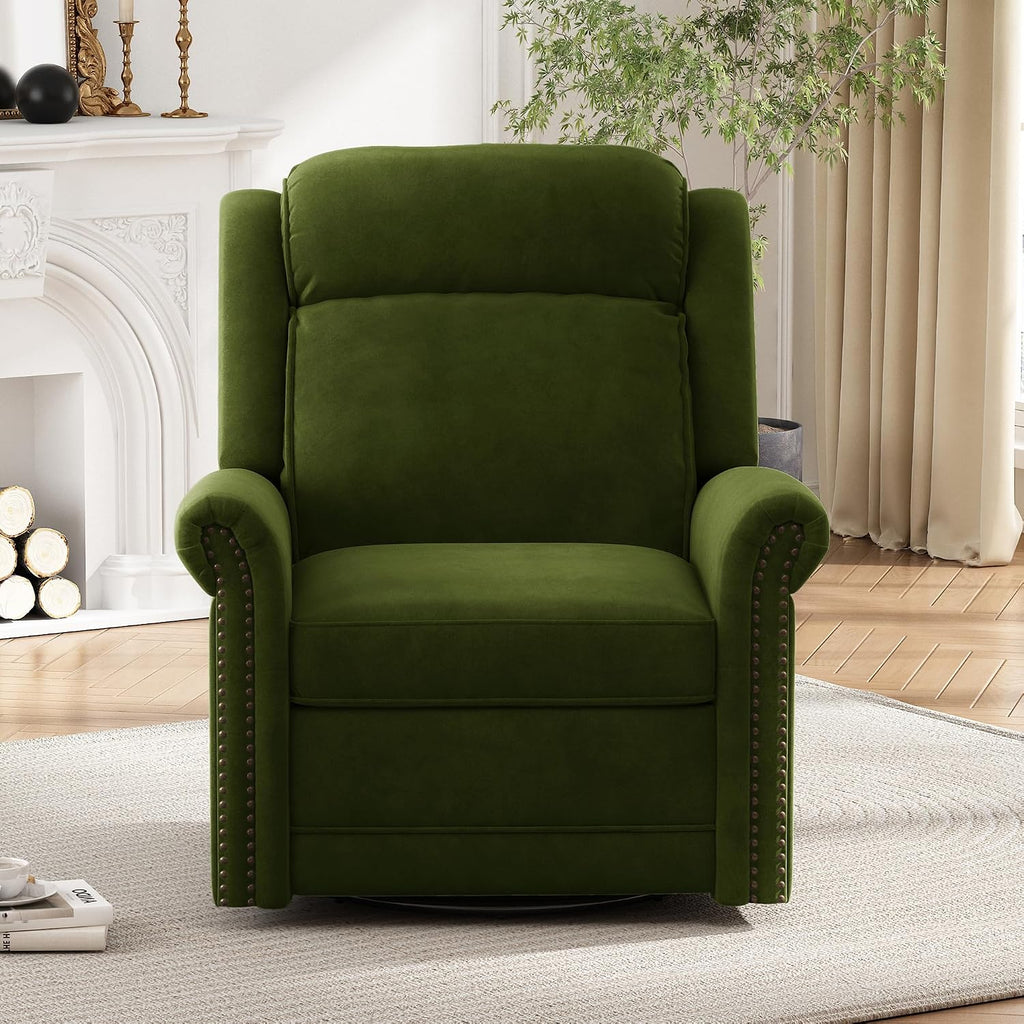 JIVOIT 360° Swivel Recliner Chair with Adjustable Backrest, Manual Rocking Recliner Home Theater Manual Recliner Chair with Metal Base and Velvet Fabric for Living Room (Green, 2)