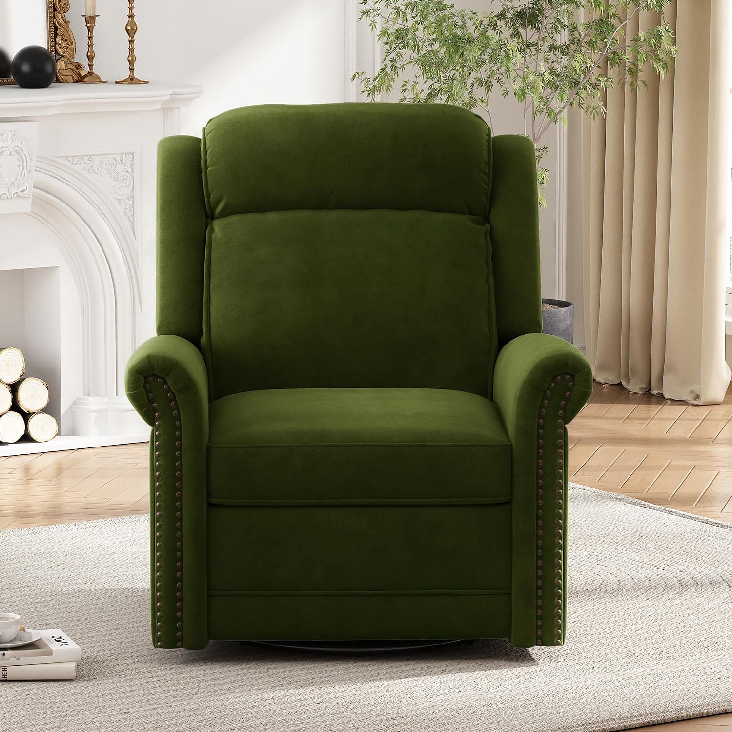 JIVOIT 360° Swivel Recliner Chair with Adjustable Backrest, Manual Rocking Recliner Home Theater Manual Recliner Chair with Metal Base and Velvet Fabric for Living Room (Green, 2)