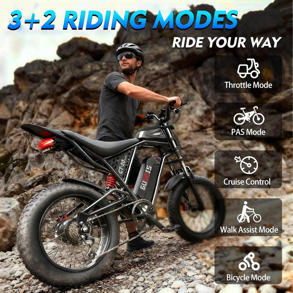 GugoIs Electric Bike for Adults,1500W Peak Motor, 34MPH, 48V 20AH Battery, Max 30-60 Miles Electric Motorcycle, 20' Fat Tire Dirt Bike, 7-Speed E-Bike