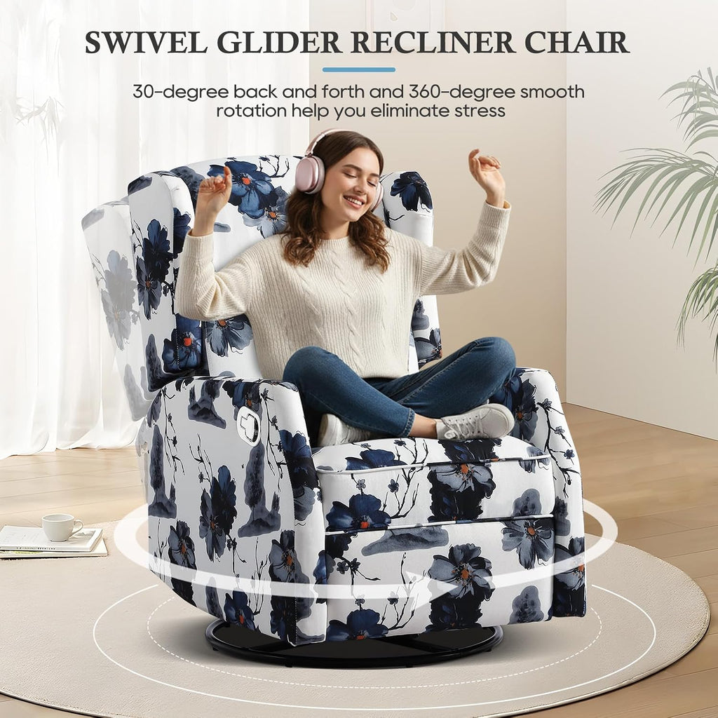 Swivel Rocker Recliner, Manual Rocker Recliner Chair for Adults, Glider Rocking Chair for Nursery with Padded Seat, 360° Swivel Rocking Chair Small Recliners for Small Spaces (2, Ink Blue)