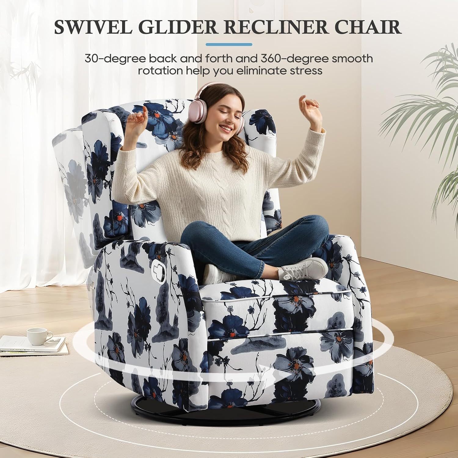 Swivel Rocker Recliner, Manual Rocker Recliner Chair for Adults, Glider Rocking Chair for Nursery with Padded Seat, 360° Swivel Rocking Chair Small Recliners for Small Spaces (2, Ink Blue)