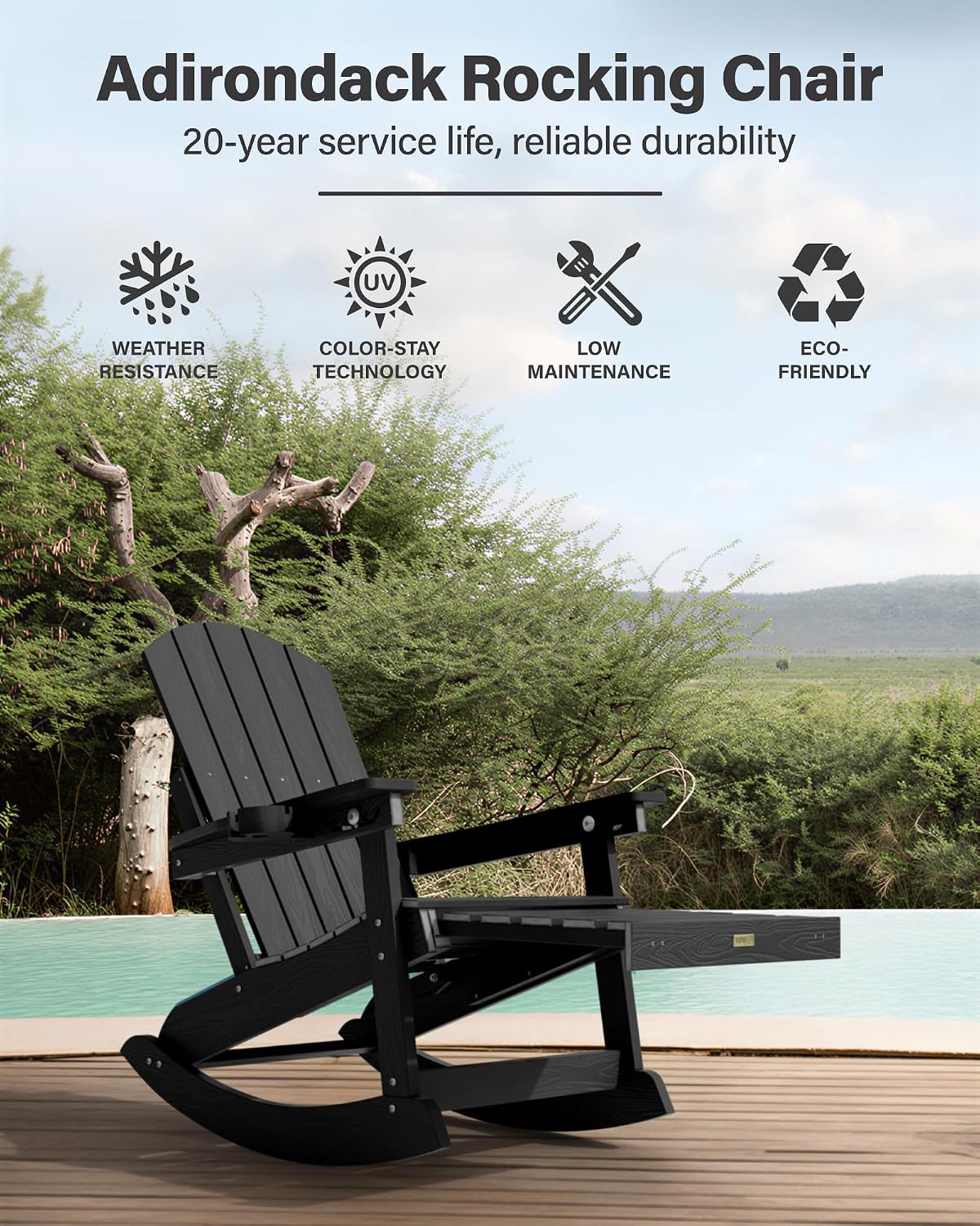 YEFU Outdoor Rocking Chairs Set of 2, Adirondack Chair with Retractable Ottoman, Adjustable Adirondack Rocking Chair,Rockings Chairs Outside,Weather Resistant,for Patio,Porch,Lawn,Heavy Duty,Black