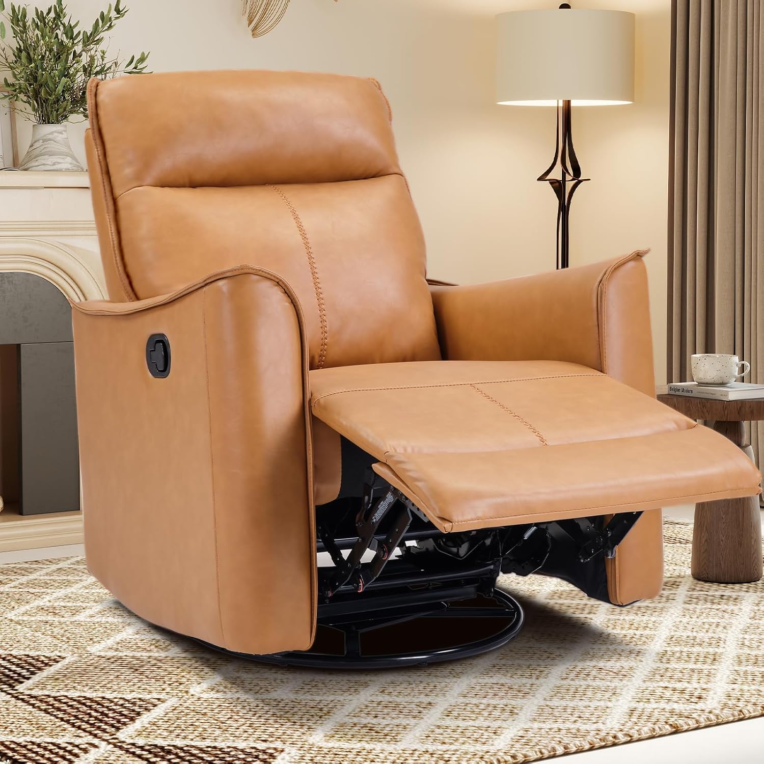 Swivel Rocker Recliner, Glider Rocking Chair, Nursing Chairs Swivel Glider Recliners with Soft Backrest, Leathaire Manual Reclining Sofa for Living Room Bedroom Apartment, Camel