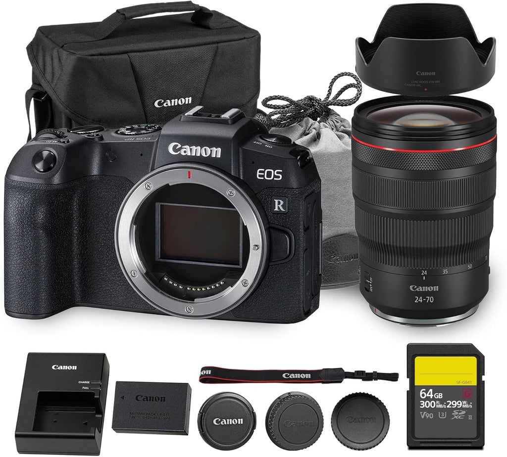 Canon EOS RP Mirrorless Camera| 26.2MP Full Frame Sensor| 4K Video Recording| Lightweight Compact Camera for Travel and Everyday Content Creation (3680C002) + Canon RF 24-70mm Lens + 64GB Card + Bag