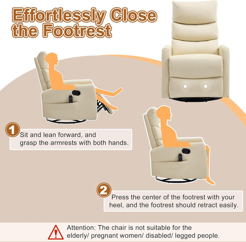 Manual Swivel Rocker Recliner Chair for Adults, Overstuffed Reclining Glider Chair for Nursing with Vibration Massage & Heat, Living Room Rocking Recliner 3-Stage backrest, Faux Leather Light Yellow