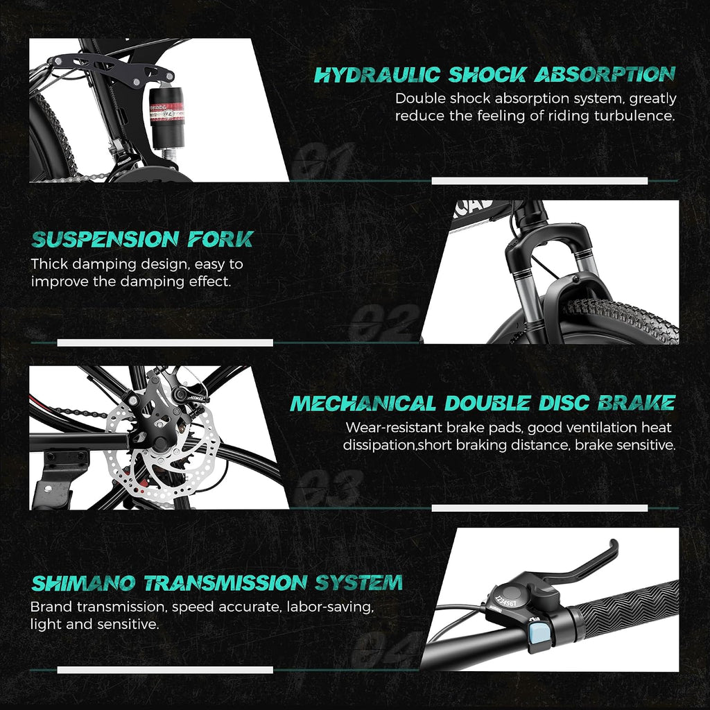 26 Inch Adult Folding Bikes/Mountain Bikes, 21 Speeds Mountain Bicycles with Full Suspension, Dual Disc Brake, High Carbon Steel Frame, Foldable Bike for Men/Women/Teen, Multiple Colors