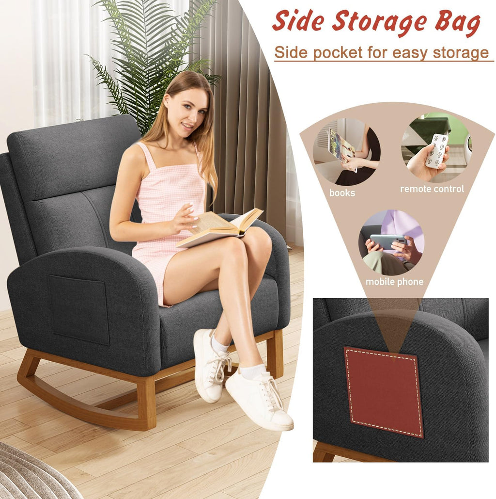 Gaussen Glider Rocking Chair Nursery Comfy Accent Chair with High Backrest Upholstered Living Room Chairs with Pocket Armchair Reading Chair for Bedroom Nursery Office (Grey)