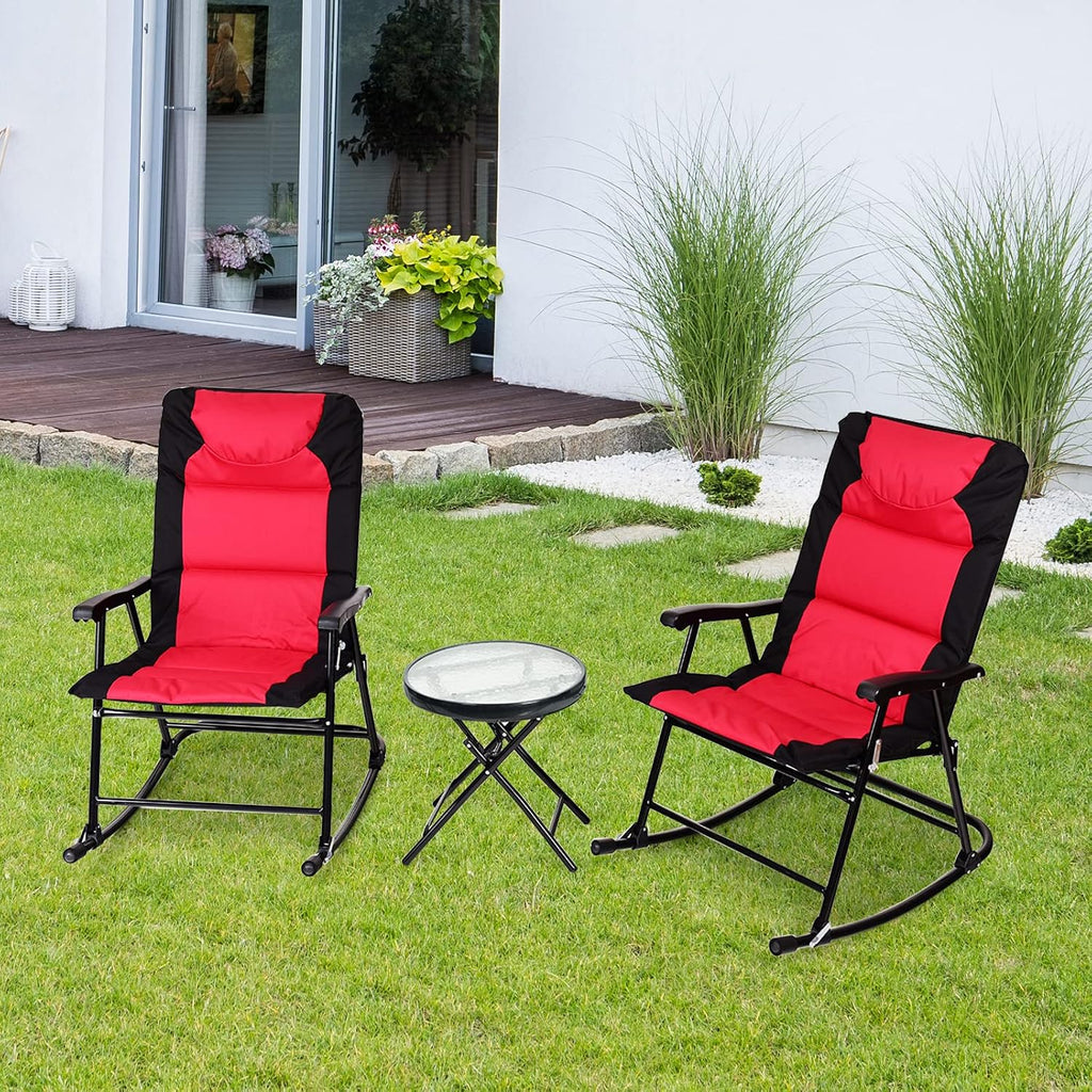Tangkula 3-Piece Folding Bistro Set, Outdoor Rocking Chairs & Round Table, Patio Folding Furniture Set for Backyard, Garden, Poolside, Porch (Red)