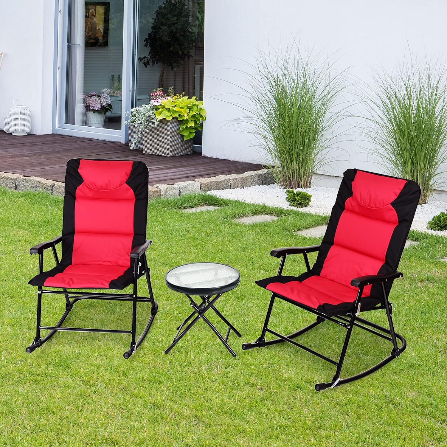 Tangkula 3-Piece Folding Bistro Set, Outdoor Rocking Chairs & Round Table, Patio Folding Furniture Set for Backyard, Garden, Poolside, Porch (Red)