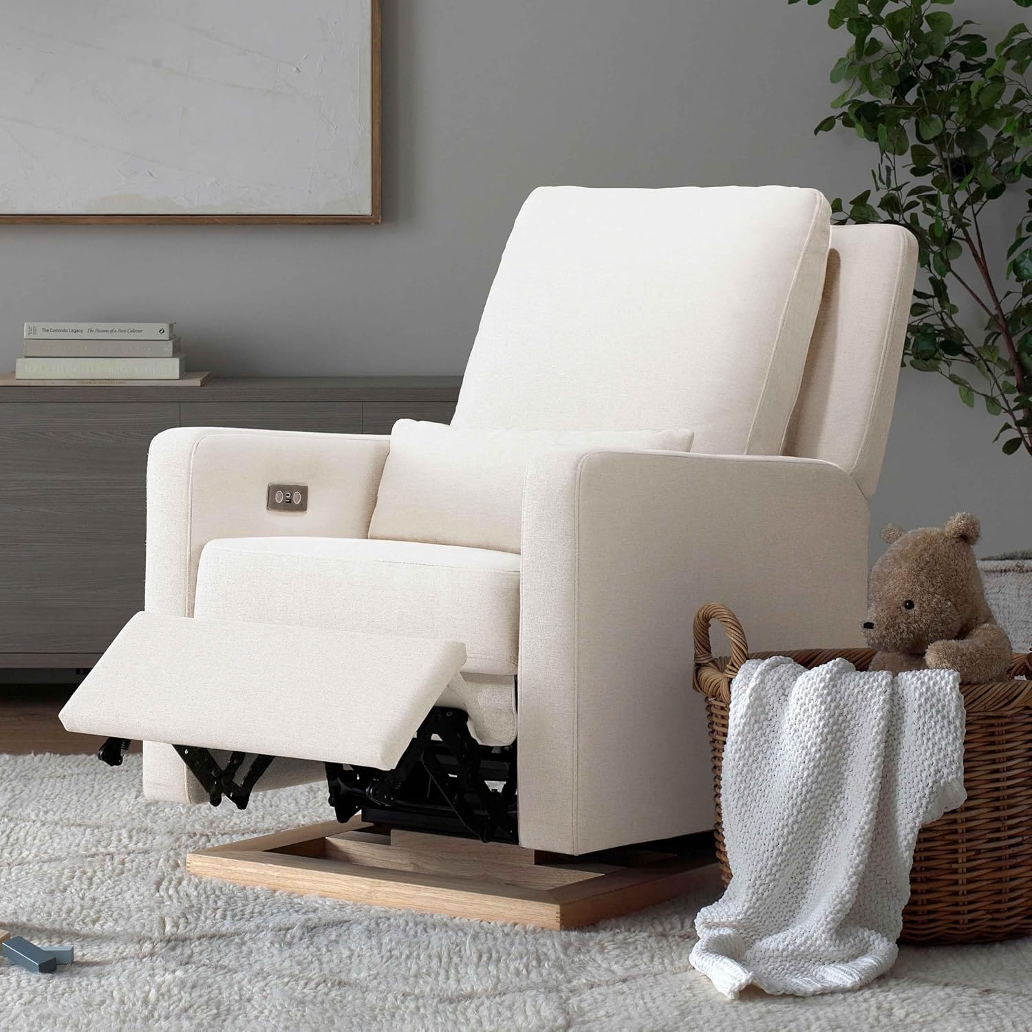 Babyletto Sigi Electronic Power Recliner & Swivel Glider with USB Port in Performance Cream Eco-Weave with Light Wood Base, Water Repellent & Stain Resistant, Greenguard Gold and CertiPUR-US Certified