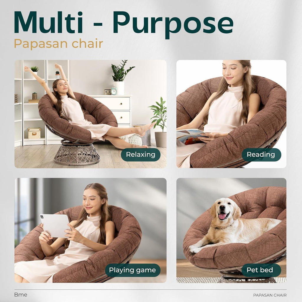 Bme 40' Ergonomic Wicker Papasan Chair with Soft Thick Density Fabric Cushion, High Capacity Steel Frame, 360 Degree Swivel for Living, Bedroom, Reading Room, Lounge, Cinnamon Mocha - Brown Base