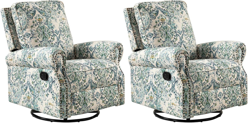 HULALA Home Rocker Recliner Set of 2, Modern Printed Fabric Swivel Glider with Adjustable Backrest & Footrest, Blue