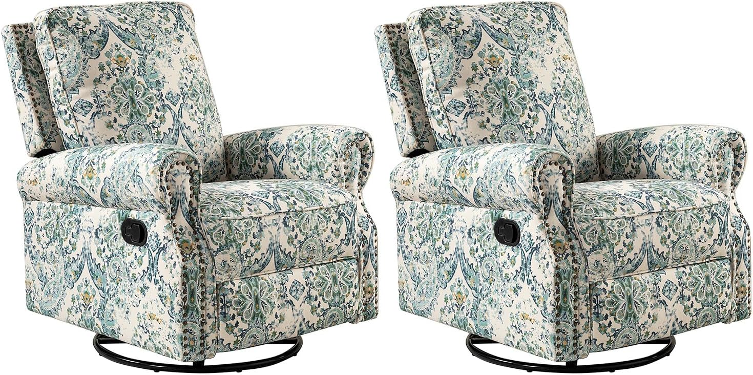 HULALA Home Rocker Recliner Set of 2, Modern Printed Fabric Swivel Glider with Adjustable Backrest & Footrest, Blue