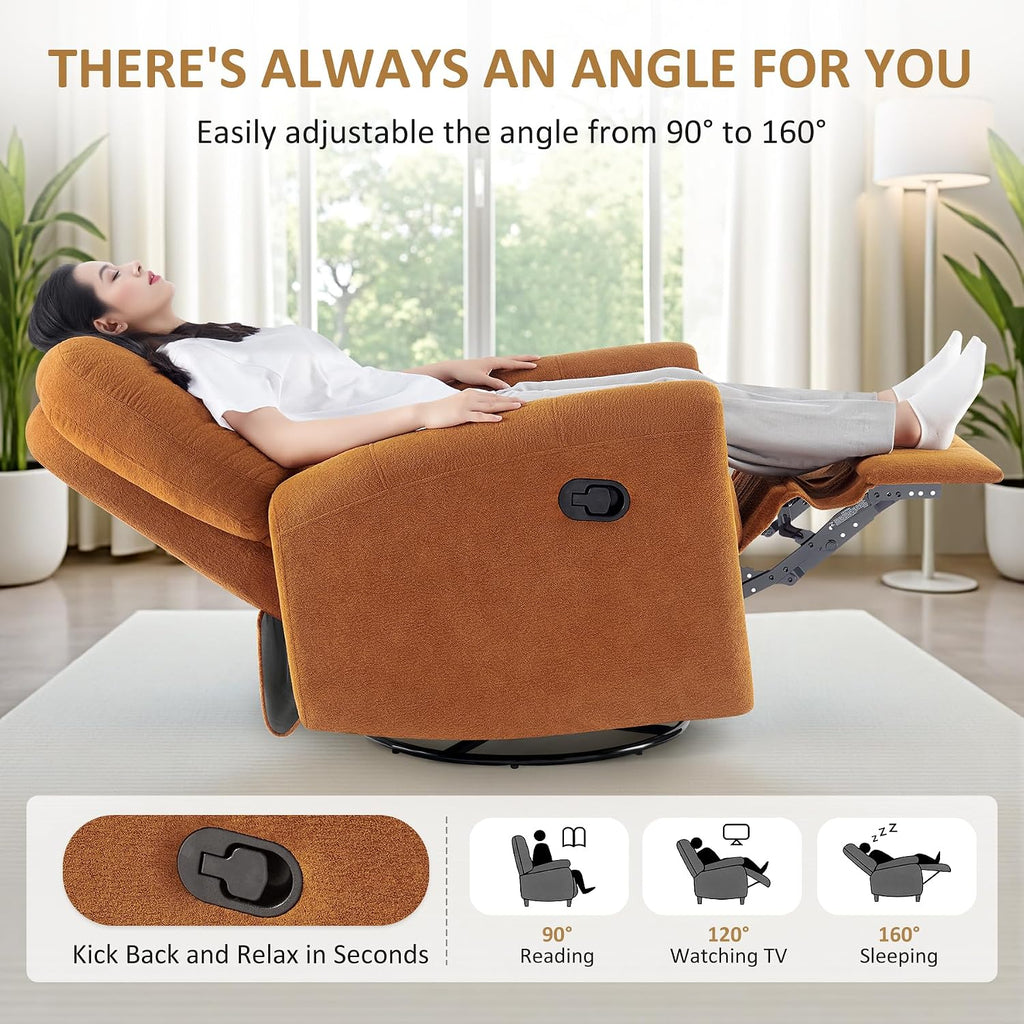 VANOMi 360 Swivel Rocker Recliner Chair, Nursery Rocking Chair with Tufted Backrest, Manual Recliner Chairs for Small Spaces, Upholstered Glider Nursing Chair for Living Room, Bedroom (Curry)