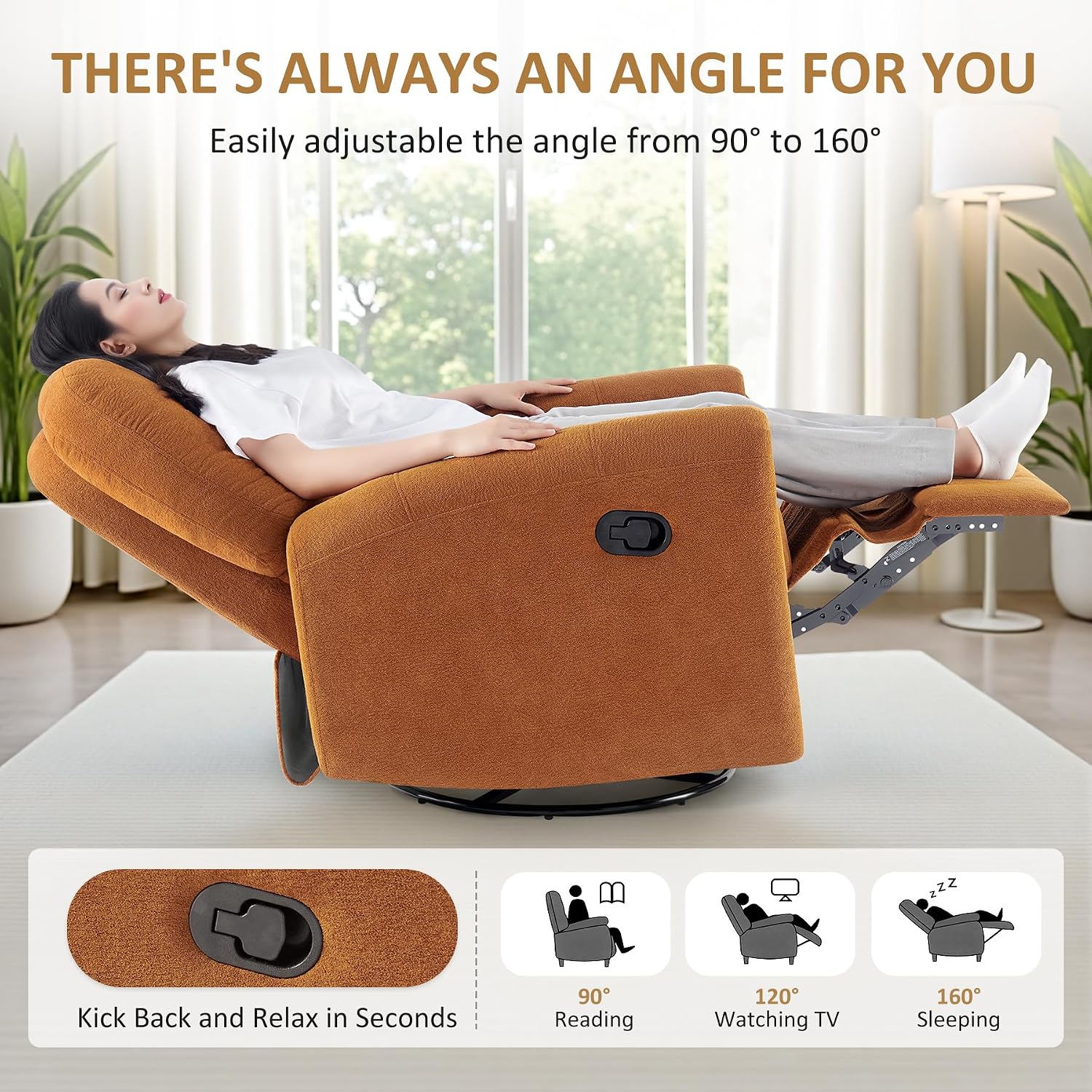VANOMi 360 Swivel Rocker Recliner Chair, Nursery Rocking Chair with Tufted Backrest, Manual Recliner Chairs for Small Spaces, Upholstered Glider Nursing Chair for Living Room, Bedroom (Curry)