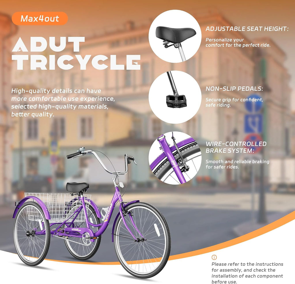Max4out Adult Tricycle with Large Basket 24/26 Inch, Stable 3 Wheel Cruise Bicycle for Shopping, Beach and City Trike Perfect for Men, Women, Seniors（Blue/Purple/Red）