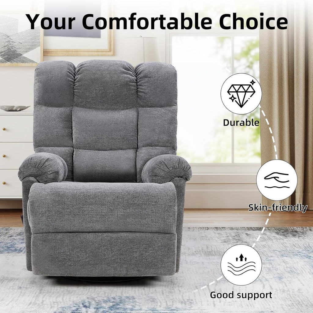 CANMOV Swivel Rocker Recliner for Adults,Glider Rocking Reclining Chair for Nursery,Manual Recliner Chair with Overstuffed Back and Arms for Living Room Bedroom Nursery,Grey