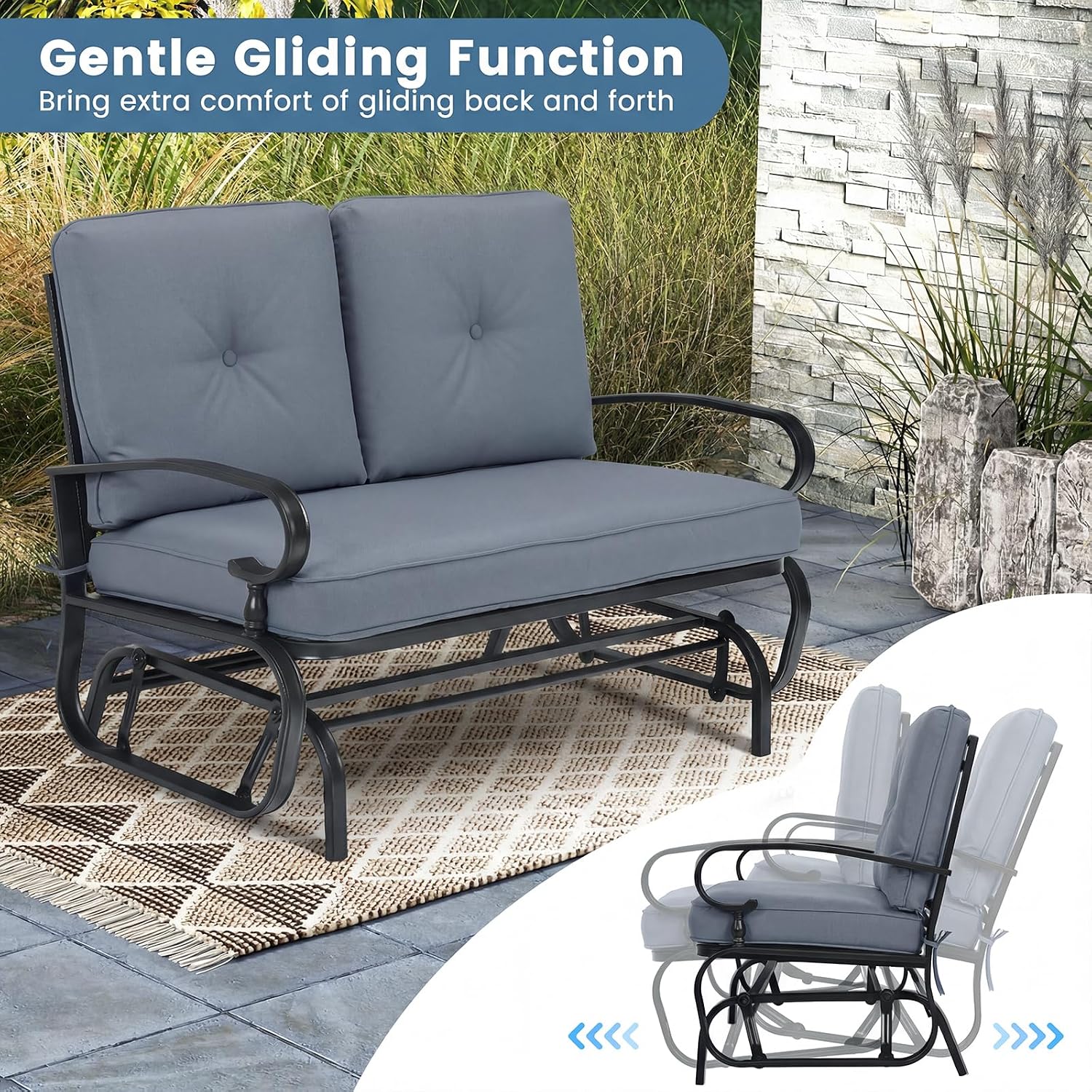 Tangkula Outdoor Swing Glider Chair, Patio Glider Bench for 2 Persons, Outdoor Rocking Loveseat with Steel Frame & Comfortable Cushions for Garden, Porch, Balcony, Poolside (Grey)