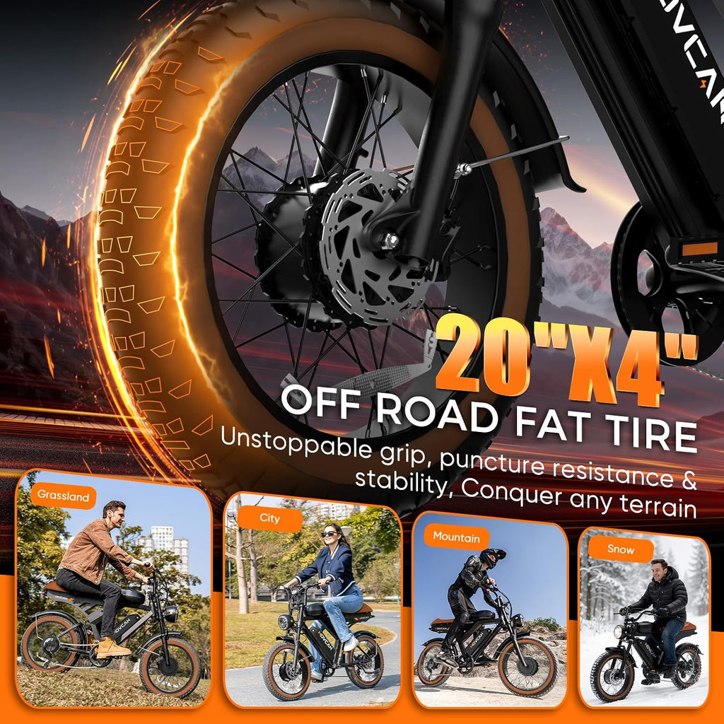 Movcan V30/V30Max/V30ProMax Electric Bike for Adults, 1000W/1500W/3000W, 28/32/37.5MPH, 48V 15.6/31.2/40AH Battery, Max Range 120Mile Electric Dirt Bike, 20' Fat Tire, 7-Speed Electric Mountain Bike