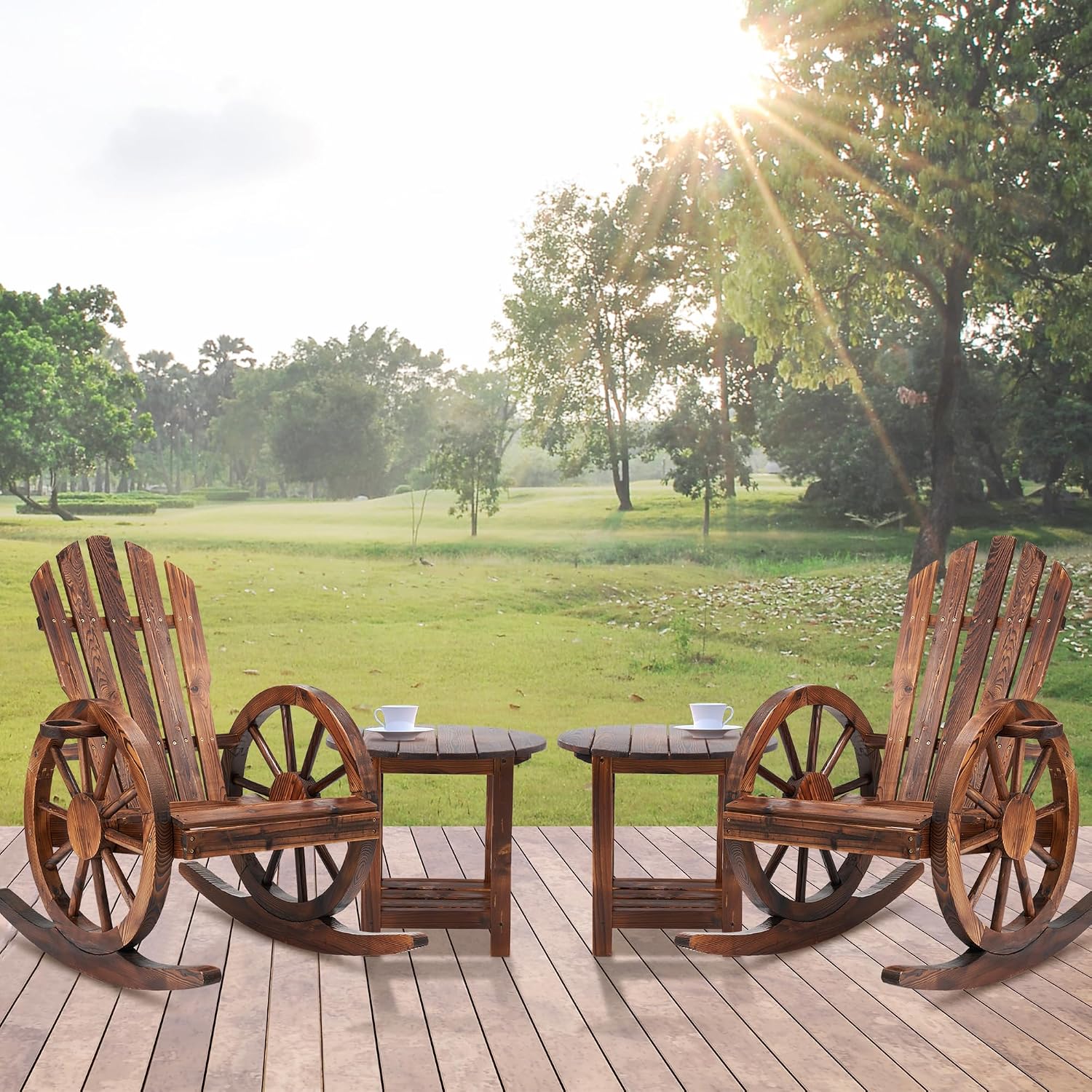 AHB Outdoor Wooden Rocking Chairs Set, Wagon Wheel Armrest Yard Glider Patio Chair with Small Table for Coffee Break, Adirondack Rocking Chair for Summer Lawn Garden Balcony, Brown (4 PCS)