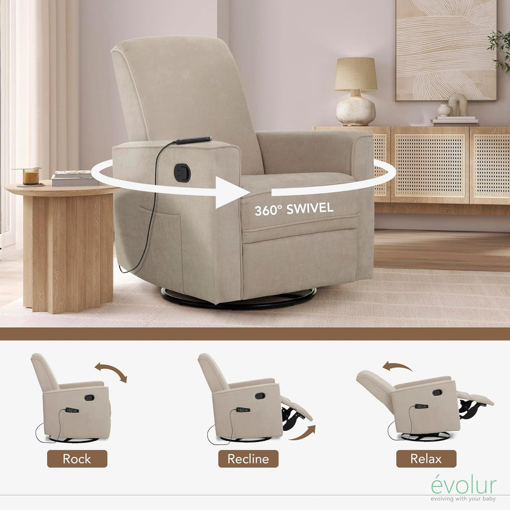 Evolur Raleigh Glider with Massager in Charcoal, Upholstered Plush Seating 360° Swivel Glider Rocking Chair, FSC Certified, Greenguard Gold & JPMA Certified Nursery Glider Recliner