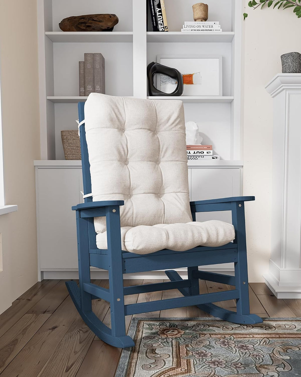 SERWALL SEWALL Oversized Outdoor Rocking Chair with Cushion, Patio Rocking Chairs for Porch, Blue HDPE Rocker+Beige Cushion