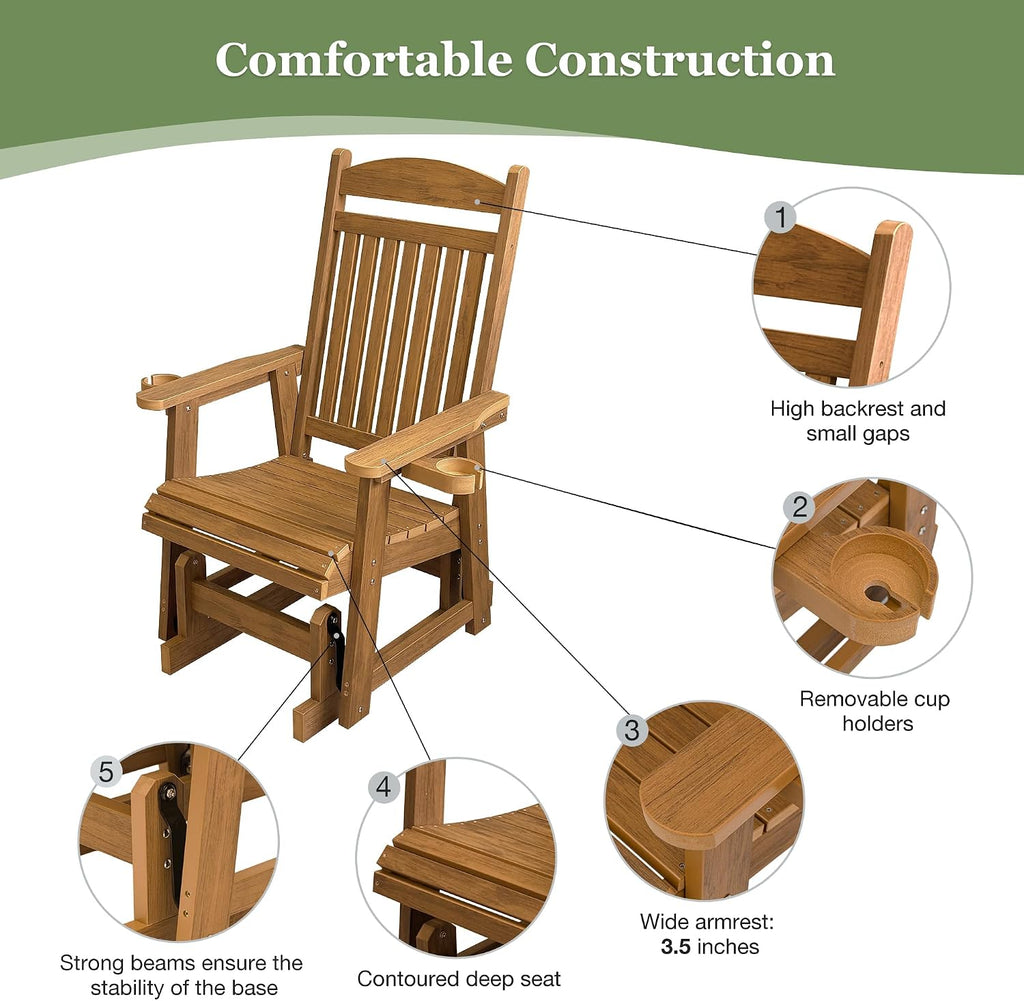 Poly Lumber Patio Glider for One Person, with Cup Holders, High Backrest and Deep Contoured Seat, HIPS Material, All-Weather Resistant, Heavy Duty 700 LBS (Light Brown)