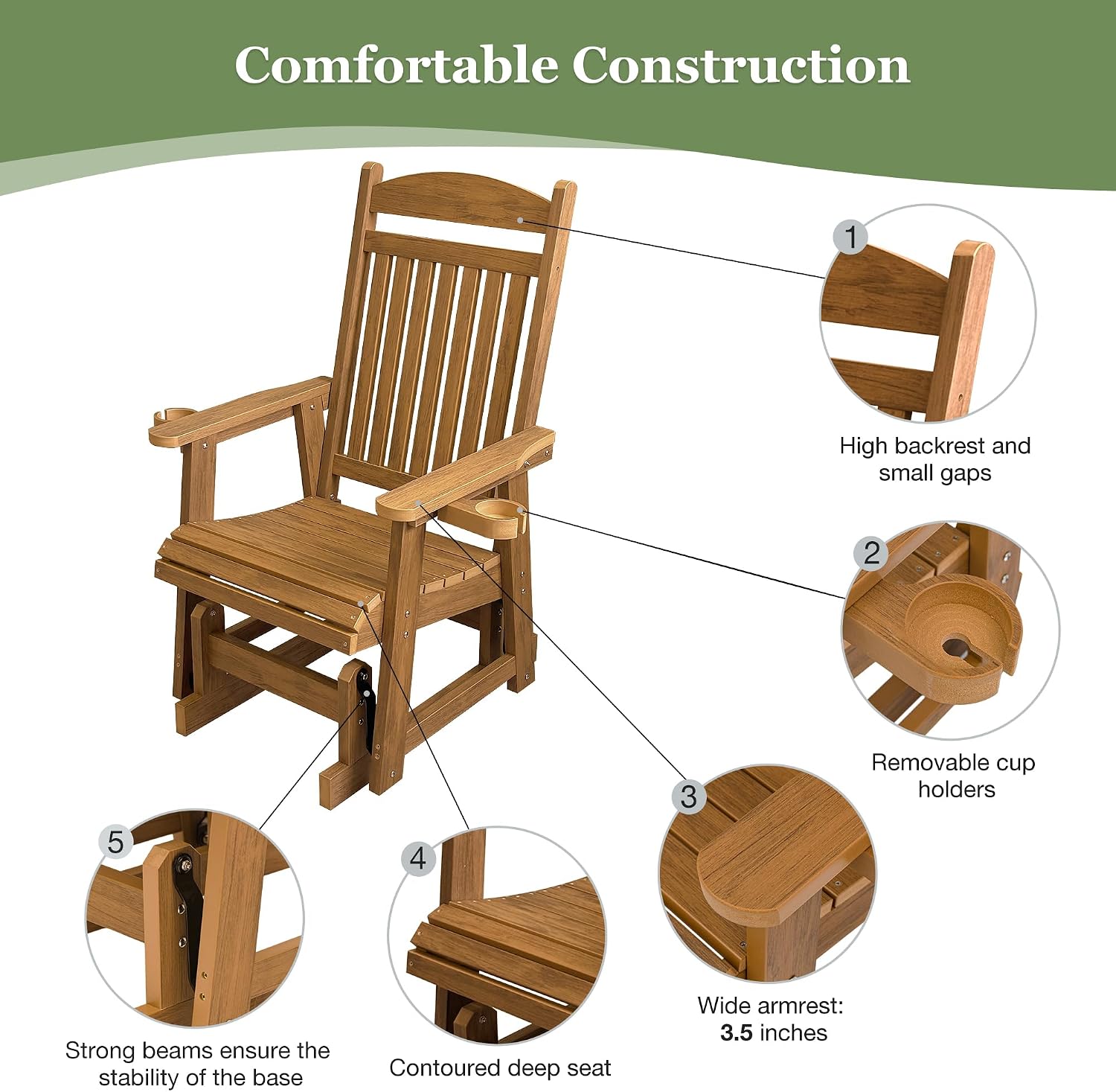 Poly Lumber Patio Glider for One Person, with Cup Holders, High Backrest and Deep Contoured Seat, HIPS Material, All-Weather Resistant, Heavy Duty 700 LBS (Light Brown)