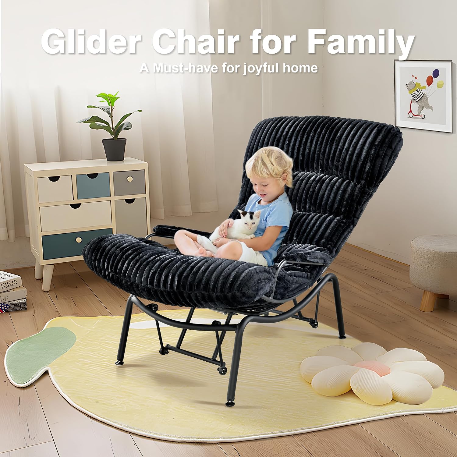 ovios Rocking Chair with Ottoman, Glider Recliner with Footrest, Lazy Accent Armchair with Comfy Cushion for Living Room Bedroom Office, Cloud Plush Corduroy, Black