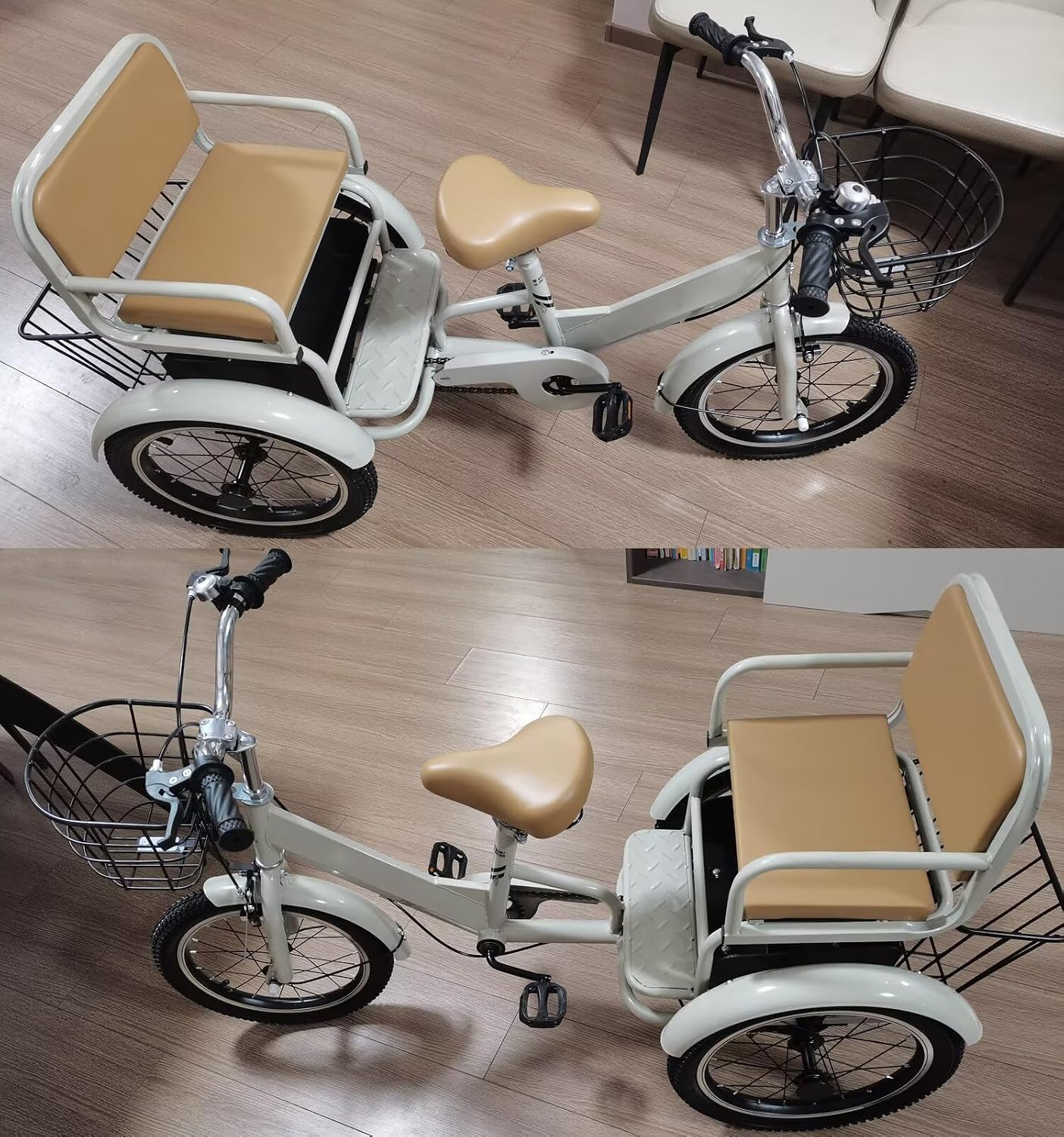 3 Wheels Bicycle,Rickshaw Tricycle with Pedals,Tandem Trike with Back seat,seat with Belt and armrest,Front and Rear Wheel Brakes,Outdoor Cruiser Bike,Pneumatic tire Spoke Wheels