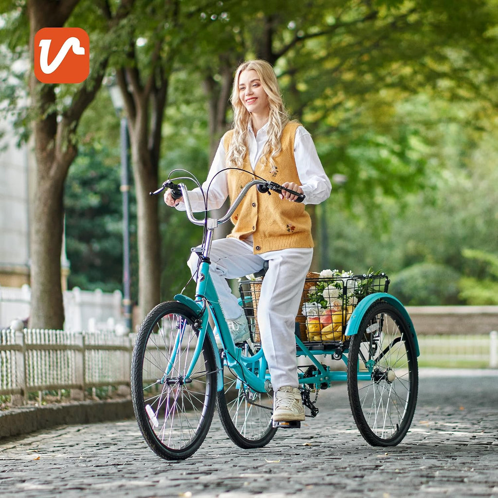 VIRIBUS Folding Tricycle for Adults, 7 Speed Foldable Adult Tricycle with Removable Wheeled Basket, Folding 3 Wheel Bikes for Women Men Seniors 24 26 inch, Collapsible Three Wheeler Trike 330 LB.